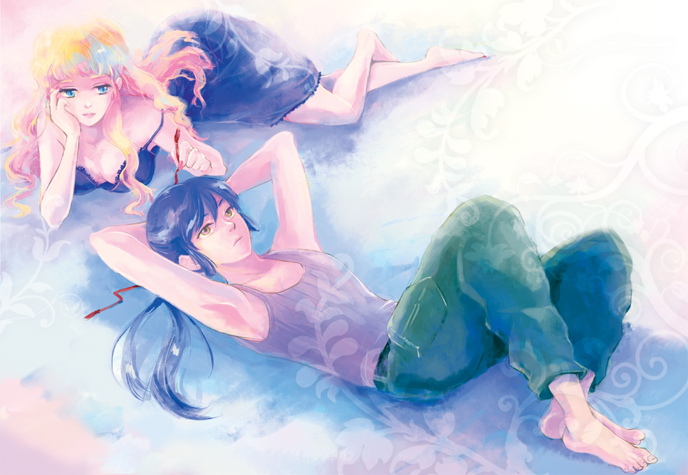 1girl, armpits, barefoot, couple, faux_traditional_media, feet, flower, hair_ribbon, lying, macross, macross_frontier, ribbon, sanami, saotome_alto, sheryl_nome, strap_slip