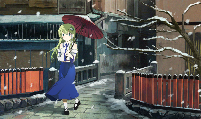 1girl, bare_shoulders, chokokorone_(artist), detached_sleeves, frog_hair_ornament, green_hair, hair_ornament, kochiya_sanae, long_hair, long_skirt, long_sleeves, oriental_umbrella, shirt, skirt, smile, snake_hair_ornament, snowing, solo, touhou, town, umbrella, very_long_hair, wide_sleeves