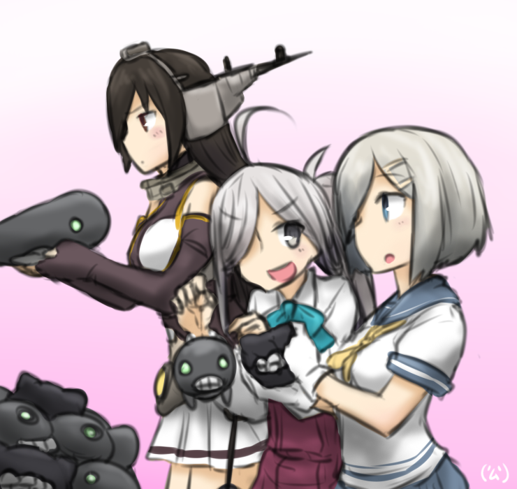 3girls, :d, asashimo_(kantai_collection), black_eyes, black_hair, grey_eyes, ha-class_destroyer, hair_ornament