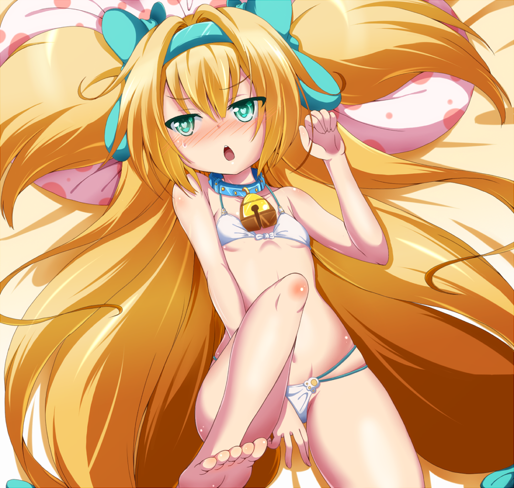 1girl, aqua_eyes, barefoot, bed_sheet, bikini, blazblue, blonde_hair, blush