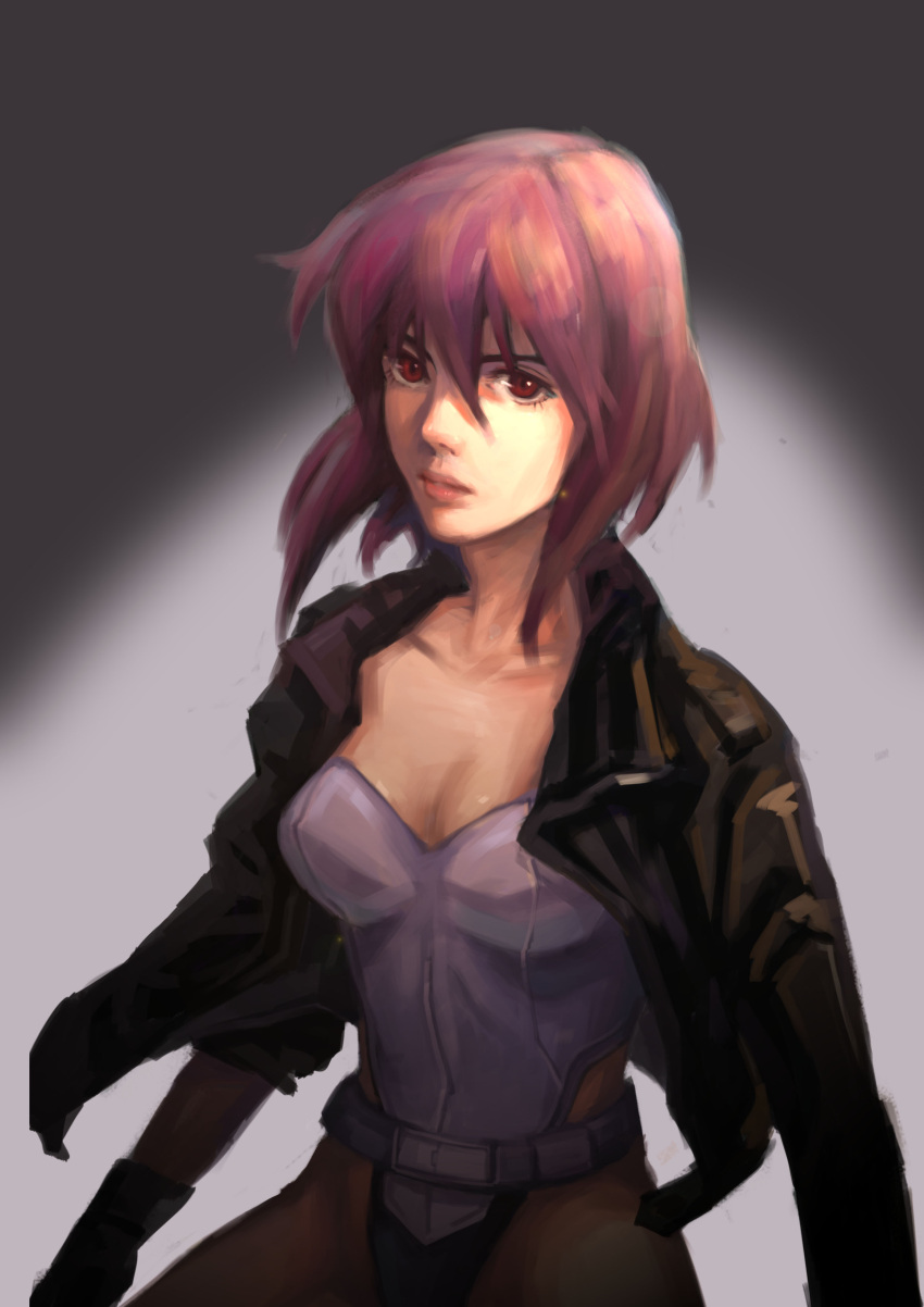 1girl, absurdres, breasts, ghost_in_the_shell, ghost_in_the_shell_stand_alone_complex, highres, jacket, kusanagi_motoko, leotard, purple_hair, realistic, red_eyes, short_hair, solo, yixinhe