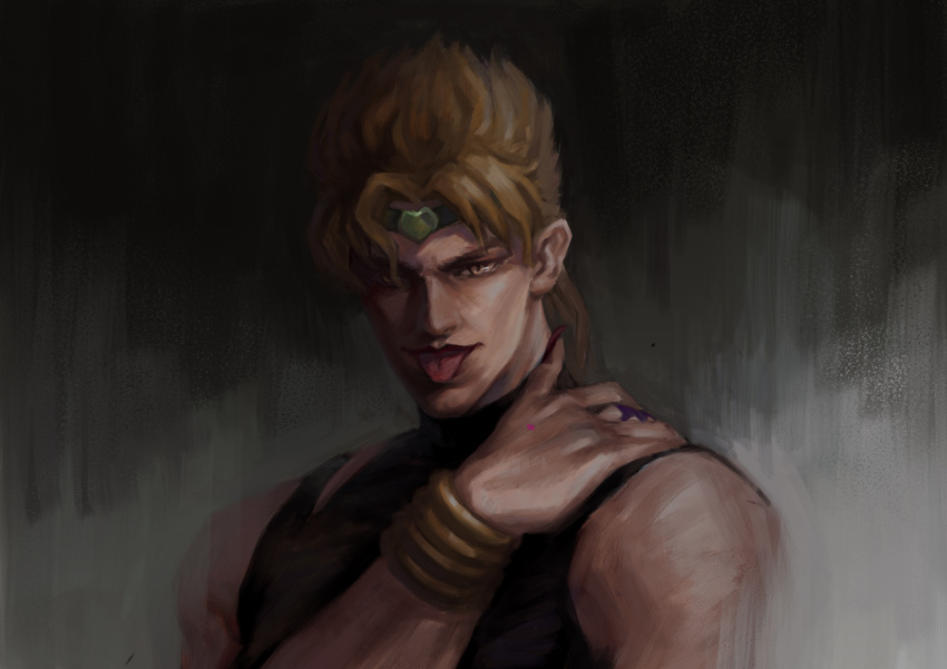 1boy, :p, absurdres, bare_shoulders, blonde_hair, bracelet, dio_brando, headband