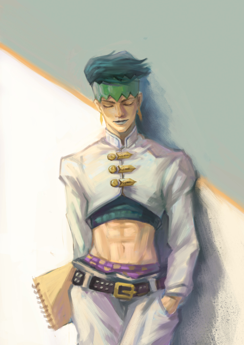 1boy, absurdres, aqua_hair, closed_eyes, earrings, green_lipstick, headband, highres