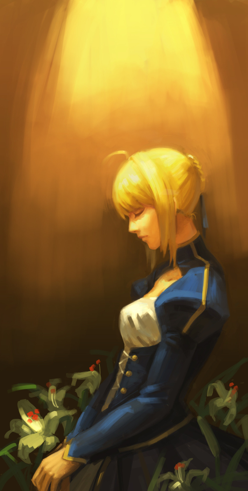 1girl, absurdres, ahoge, blonde_hair, closed_eyes, dress, fate/stay_night, fate_(series)