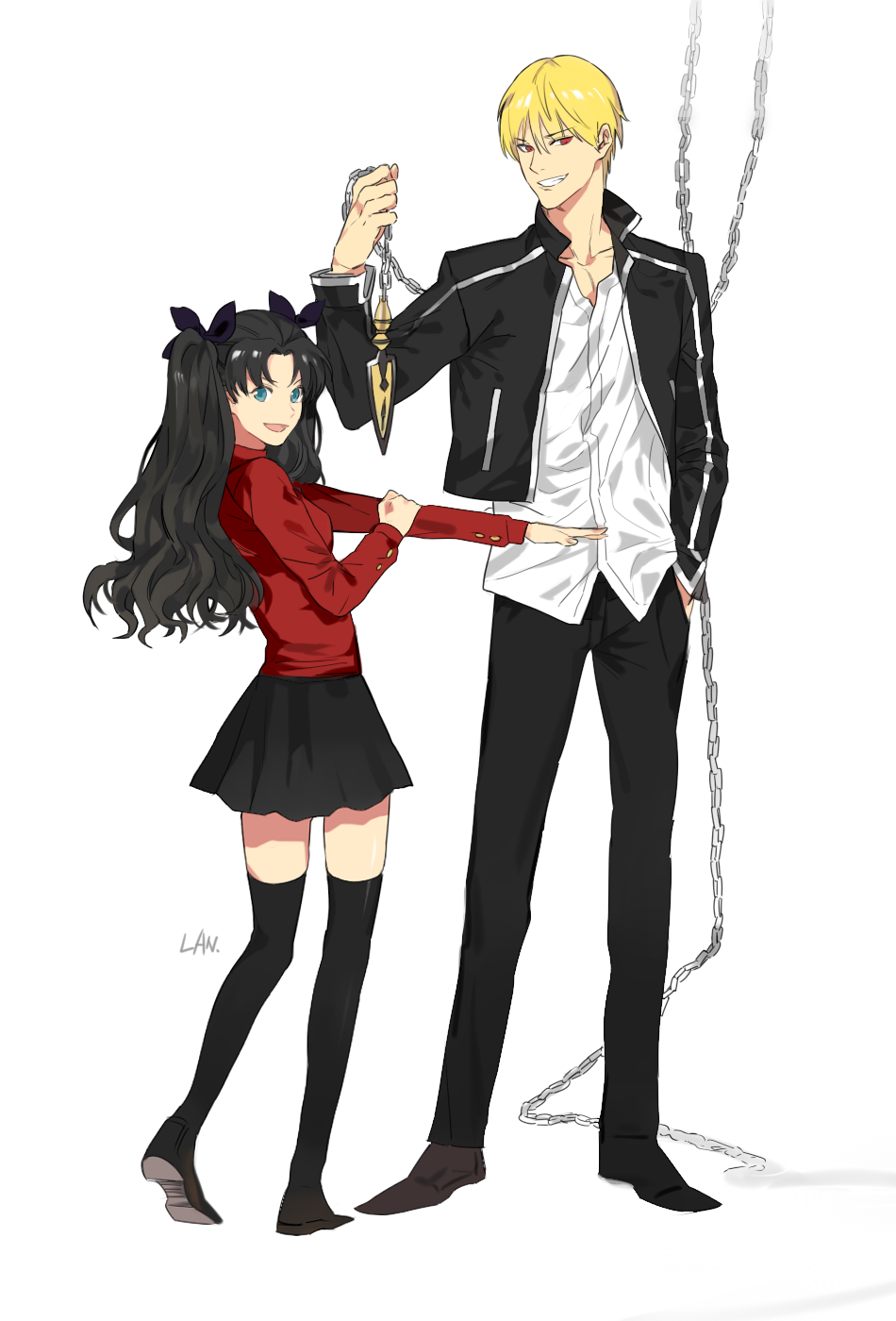 1boy, 1girl, black_hair, black_legwear, blonde_hair, blue_eyes, chain, fate/stay_night