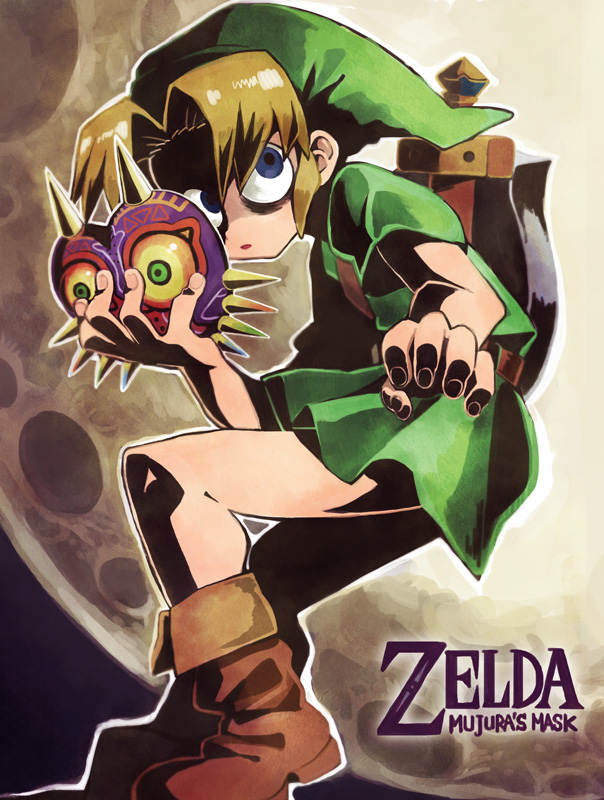 1boy, blonde_hair, blue_eyes, boots, hat, link, majora's_mask, mask