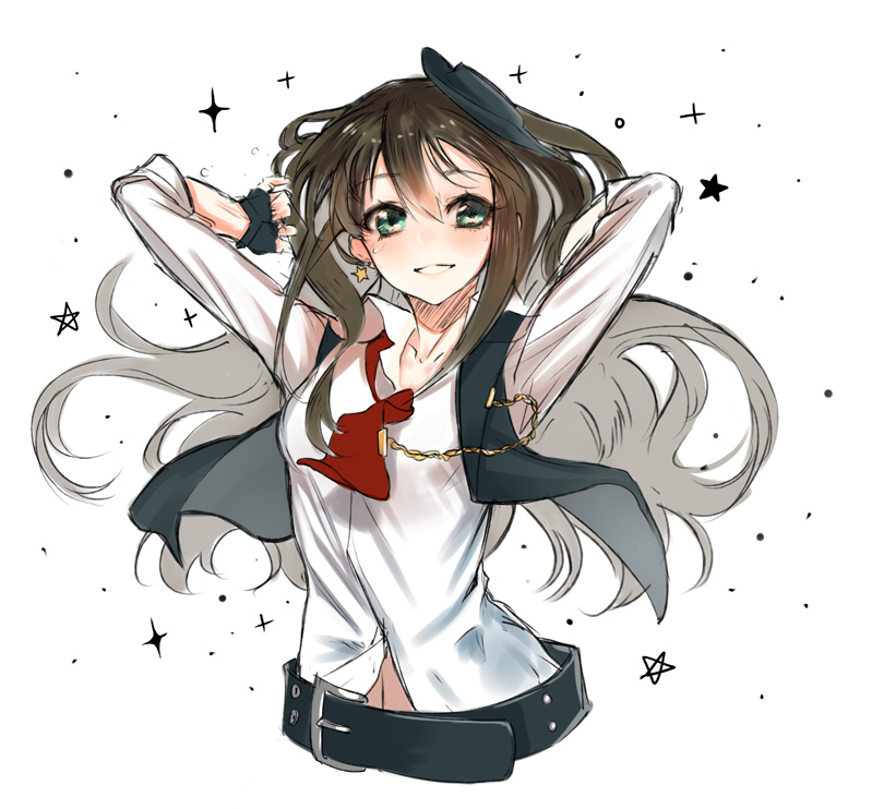 1girl, belt, brown_hair, fingerless_gloves, gloves, green_eyes, hat, idolmaster