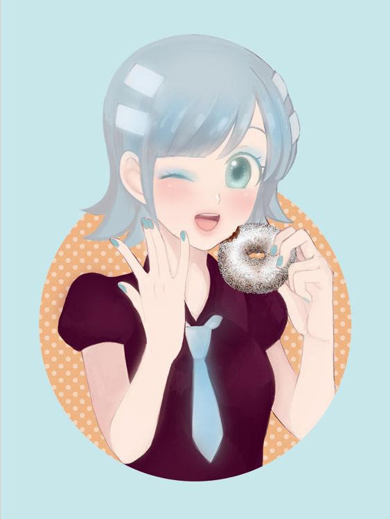 1girl, aqua_background, aqua_eyes, aqua_nails, bangs, blue_hair, blush, coconuts_chocolate