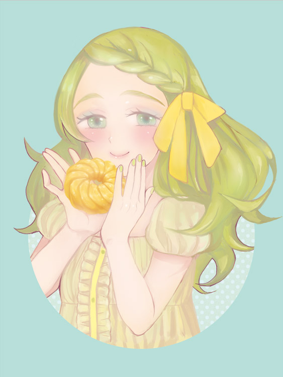1girl, blush, cruller, doughnut, face, green_eyes, green_hair, green_nails, jojon, long_hair, mister_donut, nail_polish, personification, simple_background, smile, solo, upper_body