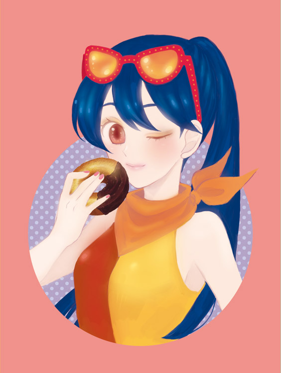 1girl, blue_hair, brown_eyes, choco_fashion, face, jojon, lips, long_hair