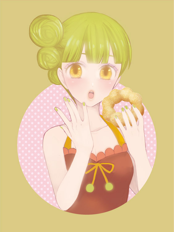 1girl, bangs, blunt_bangs, blush, doughnut, face, green_hair, green_nails, halterneck, jojon, looking_at_viewer, mister_donut, nail_polish, open_mouth, personification, pon_de_kokutou, simple_background, solo, upper_body, yellow_eyes