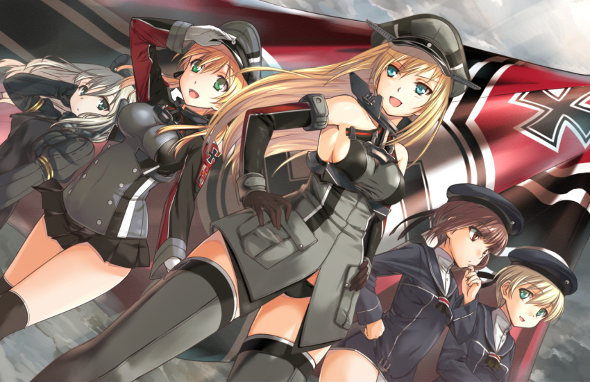 5girls, :d, anchor, bare_shoulders, bismarck_(kantai_collection), black_panties, blonde_hair, blue_eyes