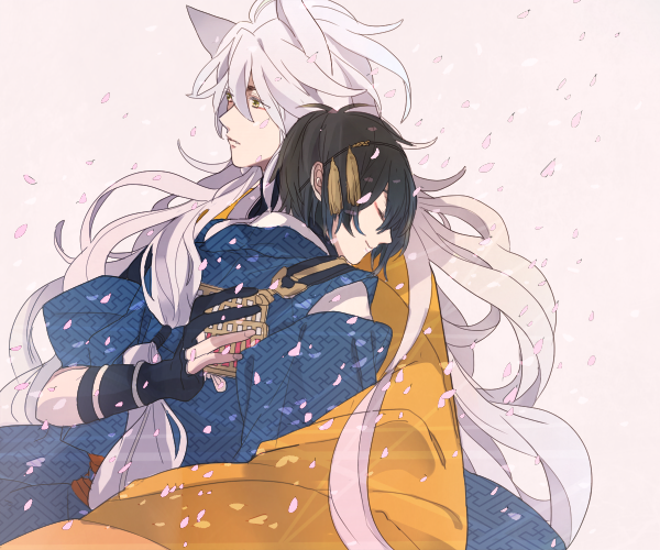 2boys, black_hair, camelot, closed_eyes, fang, hug, japanese_clothes, kogitsunemaru
