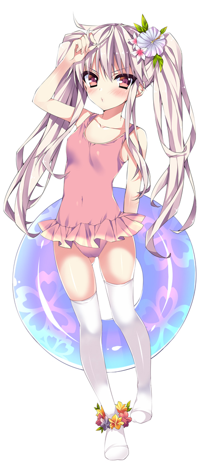 1girl, anapom, arm_up, bare_shoulders, collarbone, flower, flower_bracelet, frilled_swimsuit