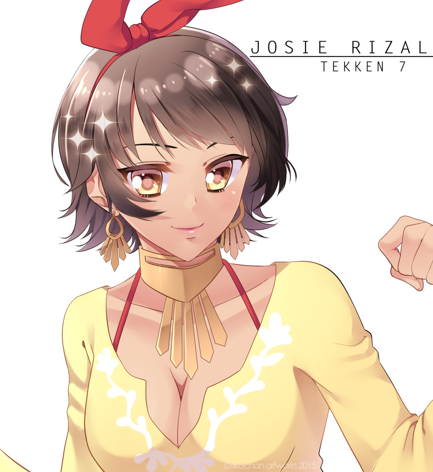 1girl, absurdres, black_hair, bra_strap, breasts, brown_eyes, character_name, choker, cleavage, collarbone, earrings, flipped_hair, hairband, highres, hoop_earrings, jewelry, josie_rizal, light_smile, lips, namco, riikochan, short_hair, solo, sparkle, tekken, tekken_7
