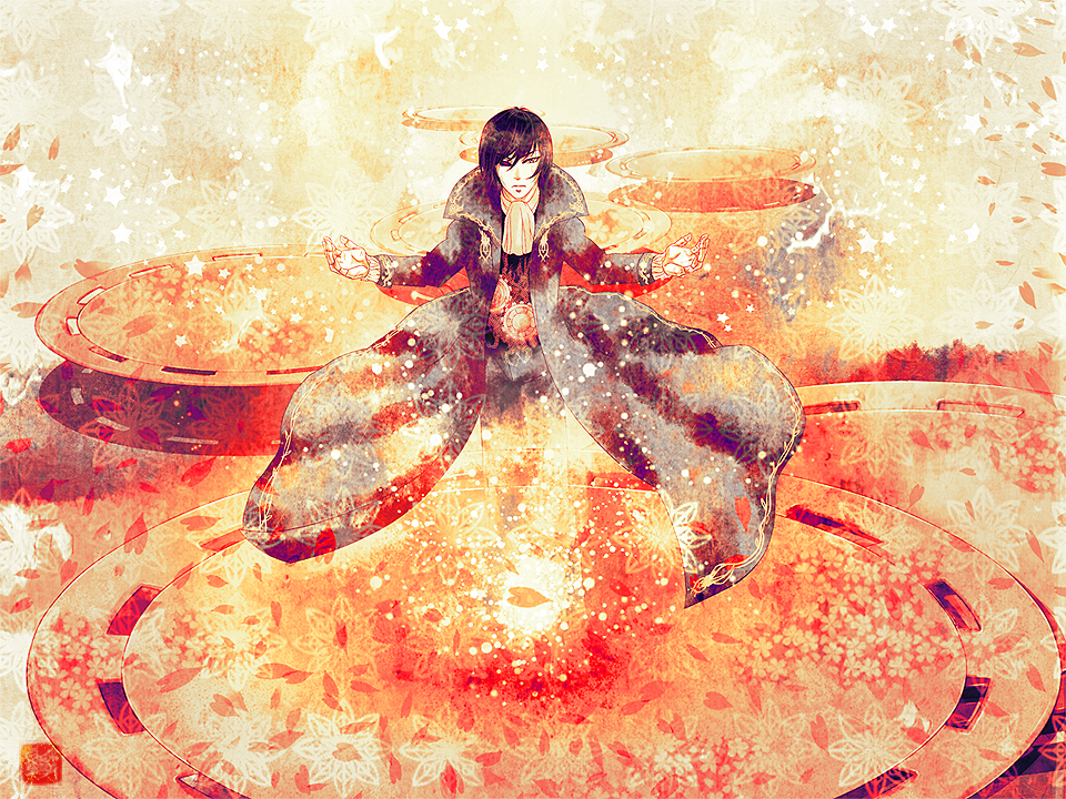 1boy, coat, gauntlets, gear, gears, hai_wa_hai_ni_(vocaloid), heterochromia, hoshikirari