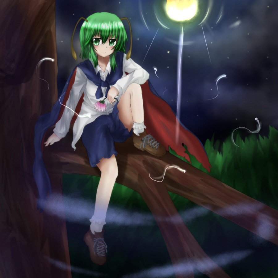 1girl, alternate_hair_length, alternate_hairstyle, ankle_socks, antennae, biburu, cape, cross-laced_footwear