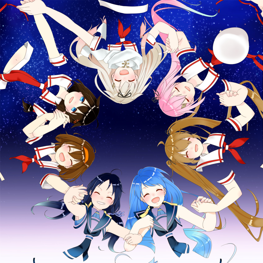 6+girls, :d, absurdres, ahoge, beret, blending, blonde_hair, blue_eyes