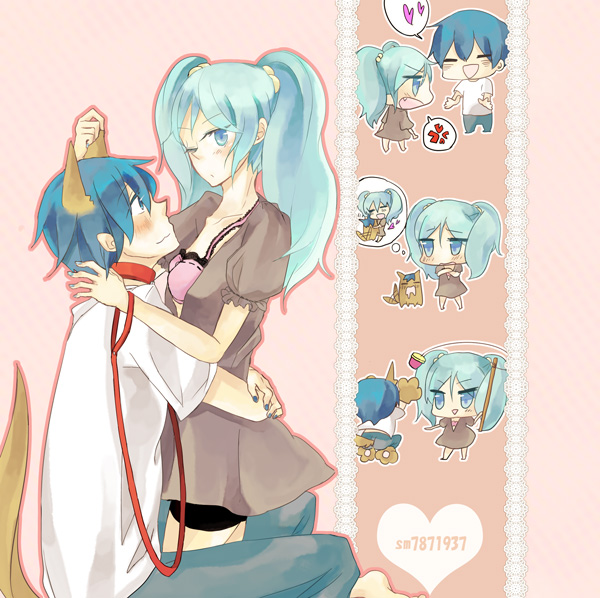 aqua_eyes, aqua_hair, blue_eyes, blue_hair, blush, chibi, collar, dog_ears