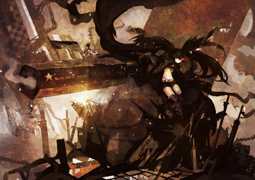 1girl, absurdly_long_hair, arm_cannon, bikini_top, black_hair, black_rock_shooter, black_rock_shooter_(character), chain