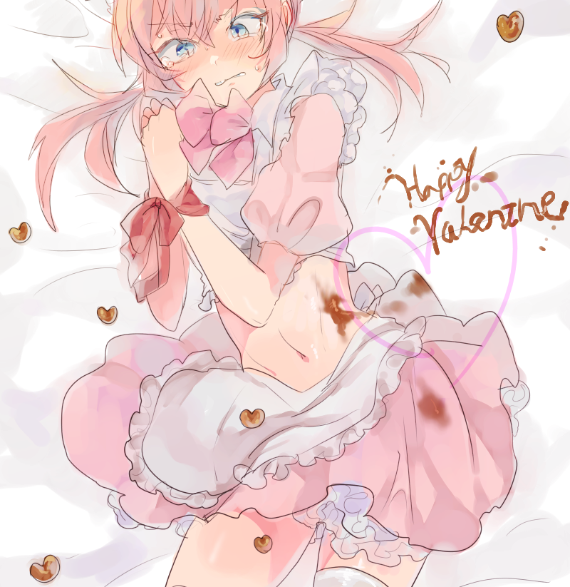 1boy, blue_eyes, blush, bound_wrists, chocolate, chocolate_heart, crossdressinging, english, happy_valentine, heart, inazuma_eleven_(series), inazuma_eleven_go, kirino_ranmaru, long_hair, male_focus, midriff, navel, pink_hair, puffy_short_sleeves, puffy_sleeves, ribbon, shirota69, short_sleeves, skirt, solo, tears, thigh-highs, twintails, valentine, white_legwear