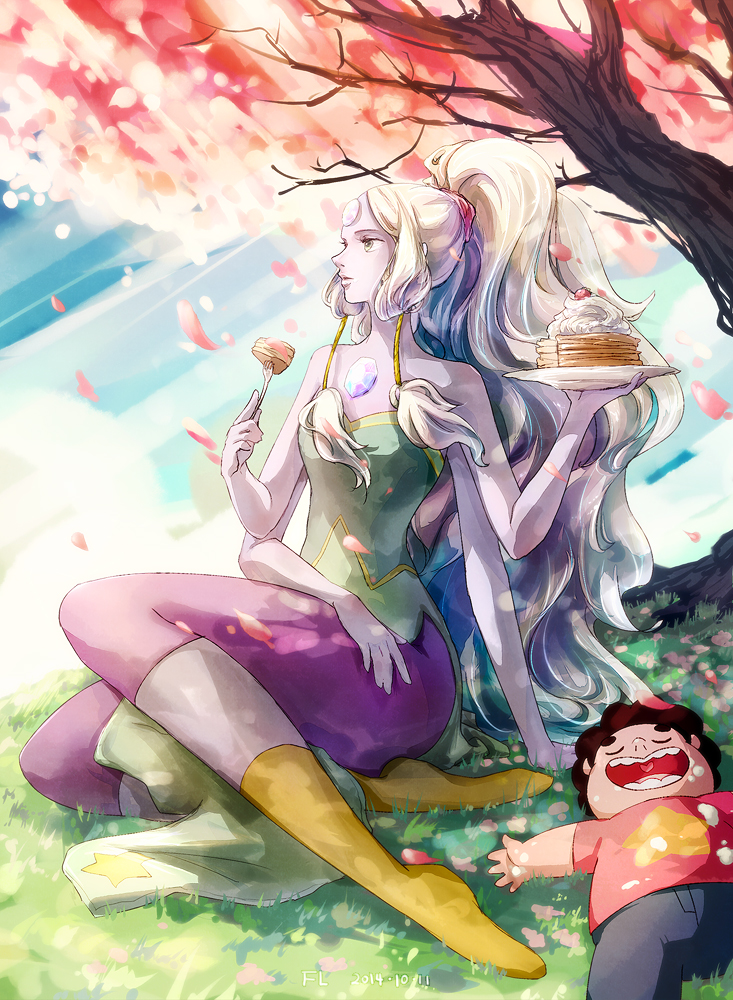 boots, extra_arms, flafly, fusion, gem, long_hair, lying, opal_(steven_universe)