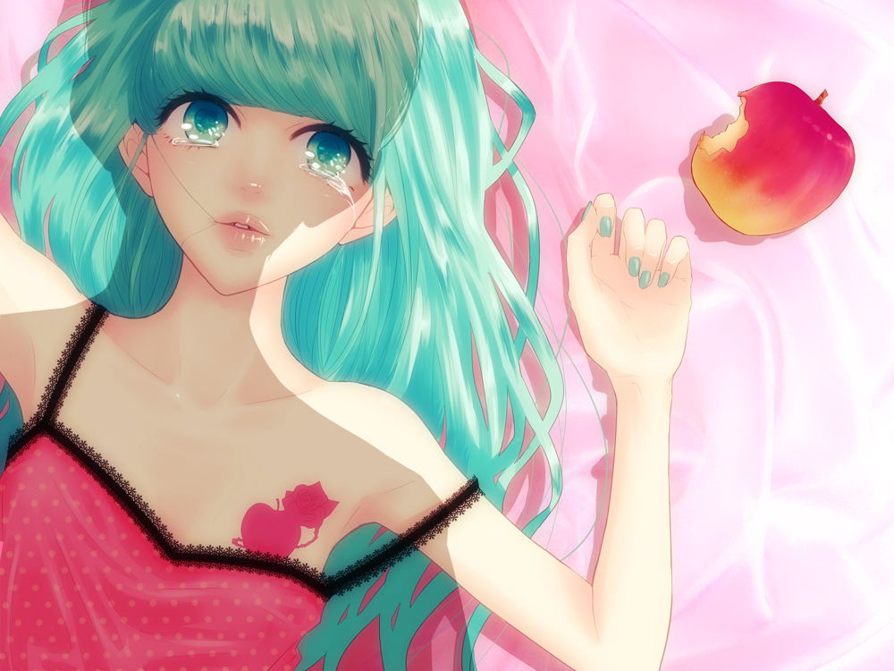 alternate_hairstyle, apple, aqua_eyes, aqua_hair, arms_up, camisole, collarbone, flower, food, fruit, hair_in_mouth, hatsune_miku, lips, long_hair, lying, nail_polish, nose, on_back, romeo_and_cinderella_(vocaloid), romeo_to_cinderella_(vocaloid), rose, shadow, solo, strap_slip, tattoo, tears, twintails, vocaloid, yunomi