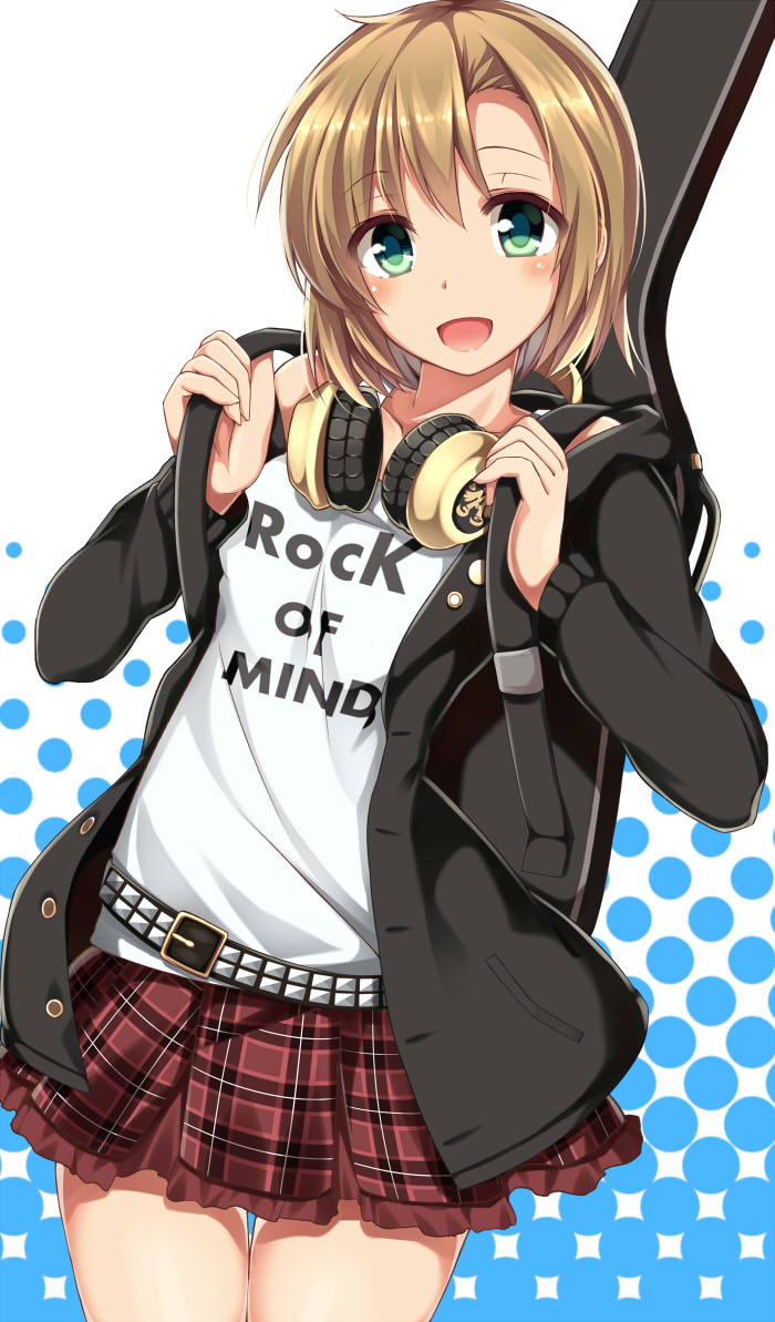 1girl, :d, belt, blush, brown_hair, butakata, cowboy_shot, english