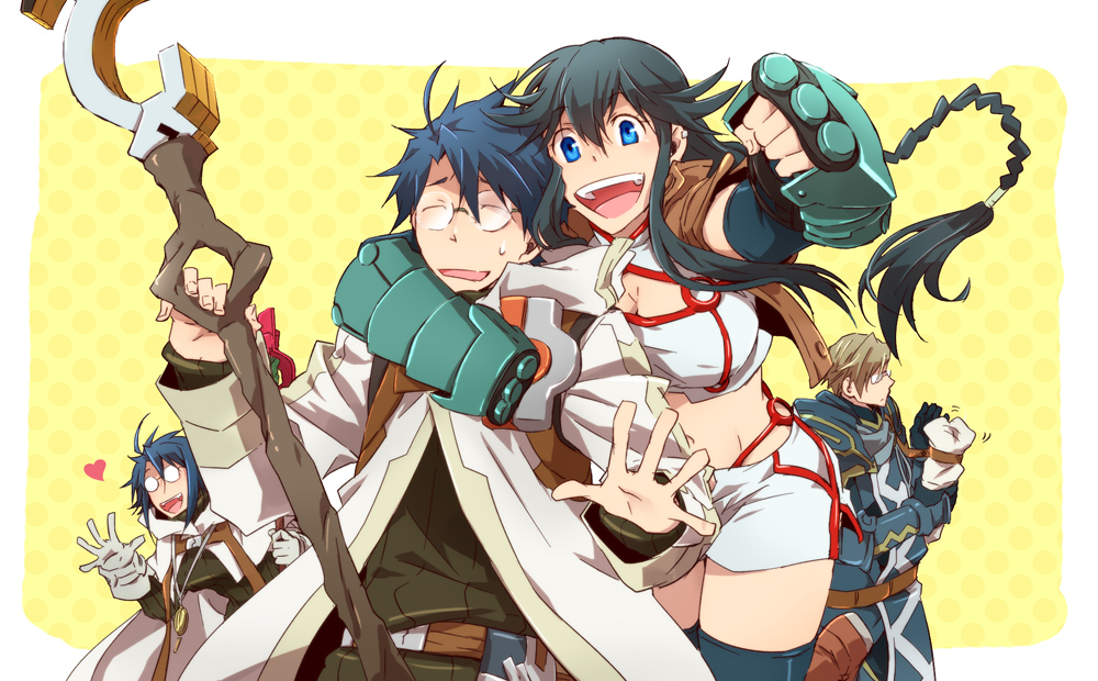 2boys, 2girls, armor, black_hair, blue_hair, brown_hair, cape, crusty_(log_horizon)