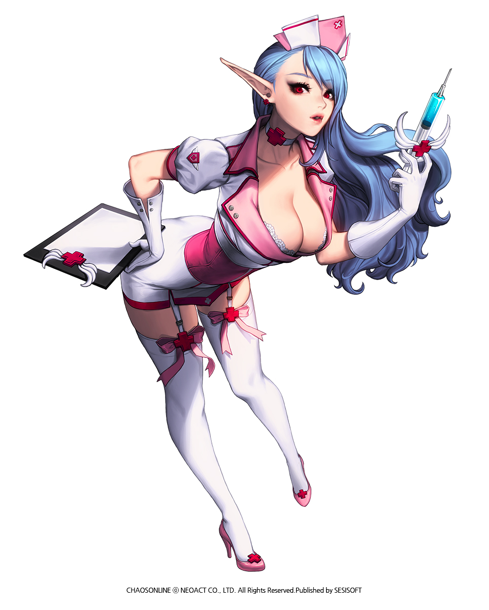1girl, bent_over, blue_hair, breasts, chaos_heroes_online, choker, cleavage, garter_straps