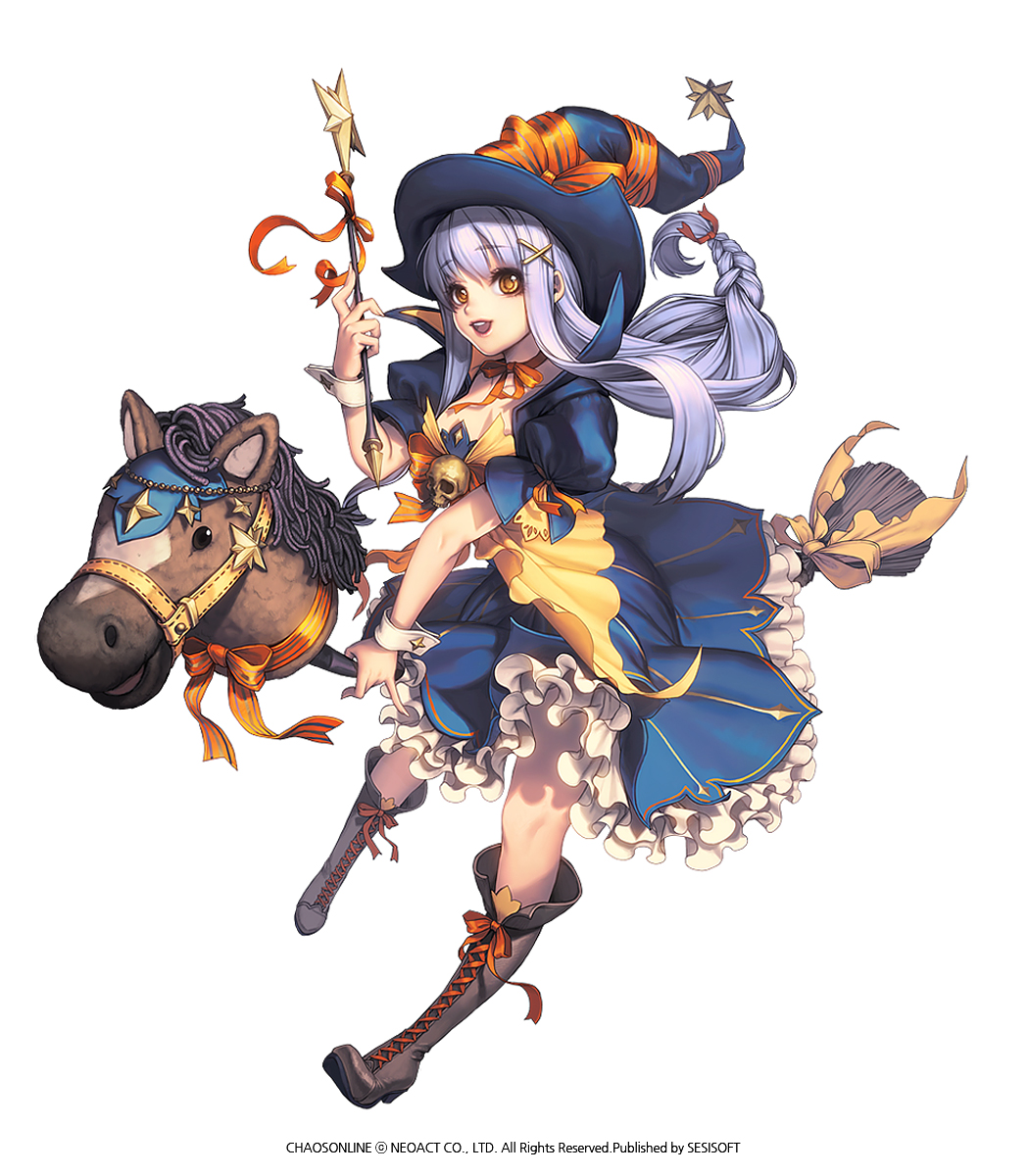 1girl, alternate_costume, boots, broken_(chaos_online), broom, broom_riding, brown_eyes, chaos_heroes_online
