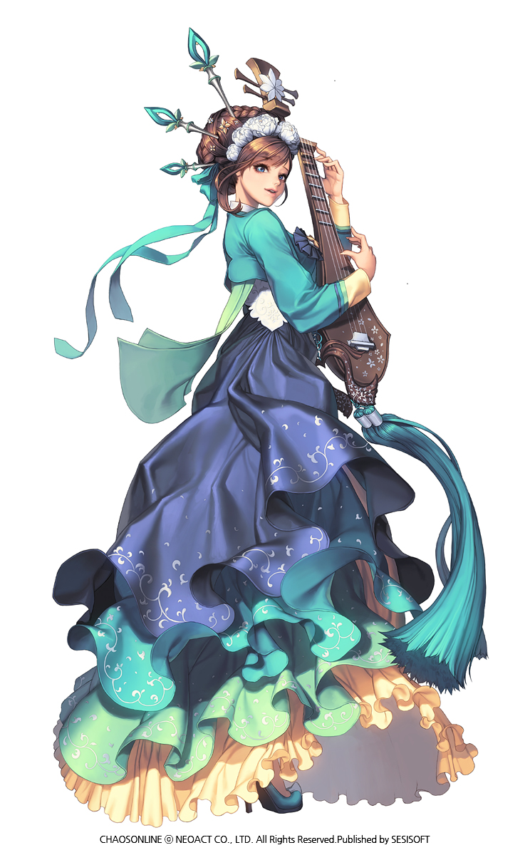 1girl, blue_eyes, brown_hair, chaos_heroes_online, company_name, copyright_name, full_body, hair_ornament