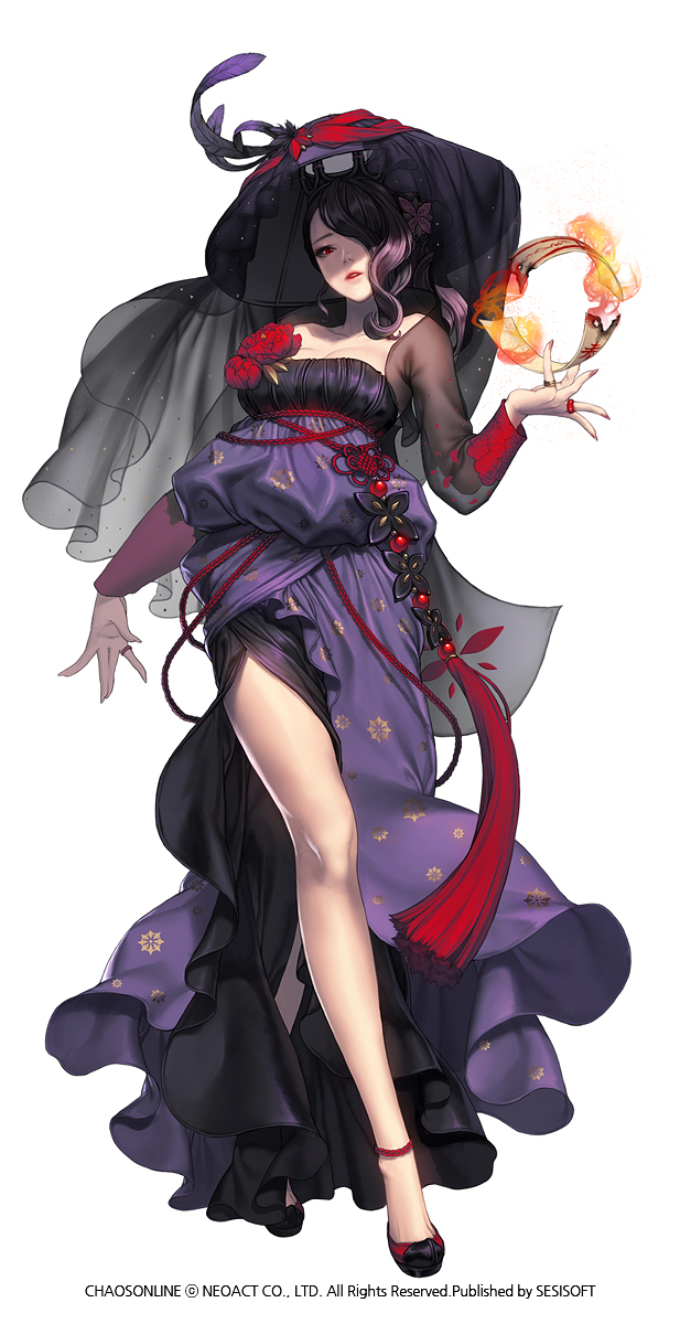 1girl, alternate_costume, chaos_heroes_online, company_name, copyright_name, full_body, hair_ornament, hair_over_one_eye, highres, long_hair, love_cacao, official_art, purple_hair, red_eyes, reina_(chaos_online), simple_background, solo, white_background