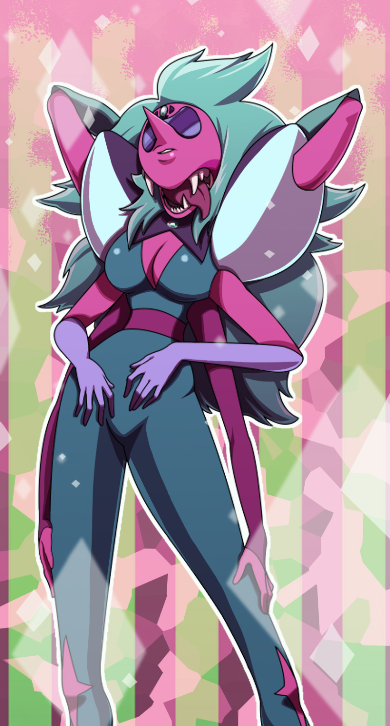 1girl, alexandrite_(steven_universe), blue_hair, bodysuit, breasts, commentary_request, extra_arms, extra_mouth