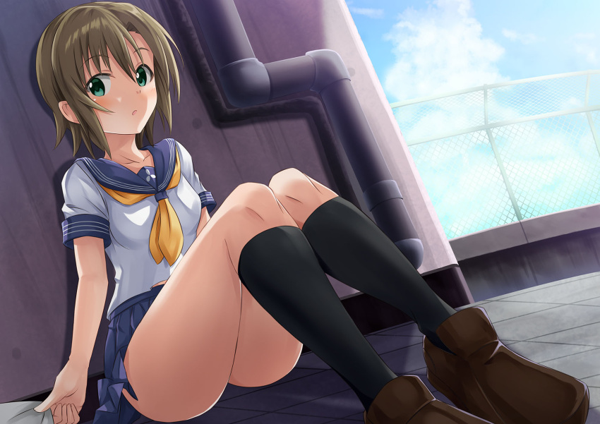 1girl, bad_id, brown_hair, fence, green_eyes, highres, idolmaster, idolmaster_cinderella_girls