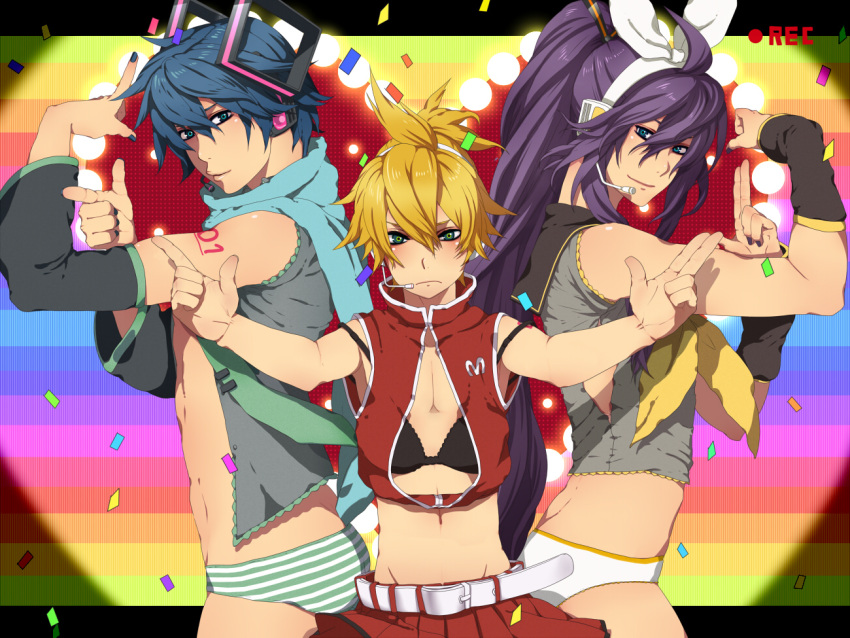 abs, aqua_eyes, belt, blonde_hair, blue_eyes, blue_hair, cosplay, costume_switch
