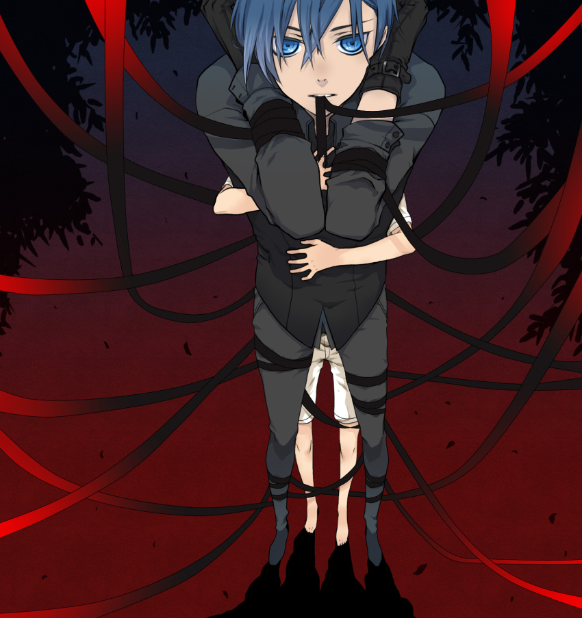 bitte, blue_eyes, blue_hair, dark, gloves, highres, hug, hug_from_behind