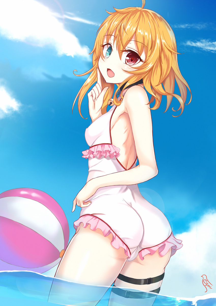 1girl, absurdres, aqua_eyes, ass, ball, beachball, blonde_hair, clouds