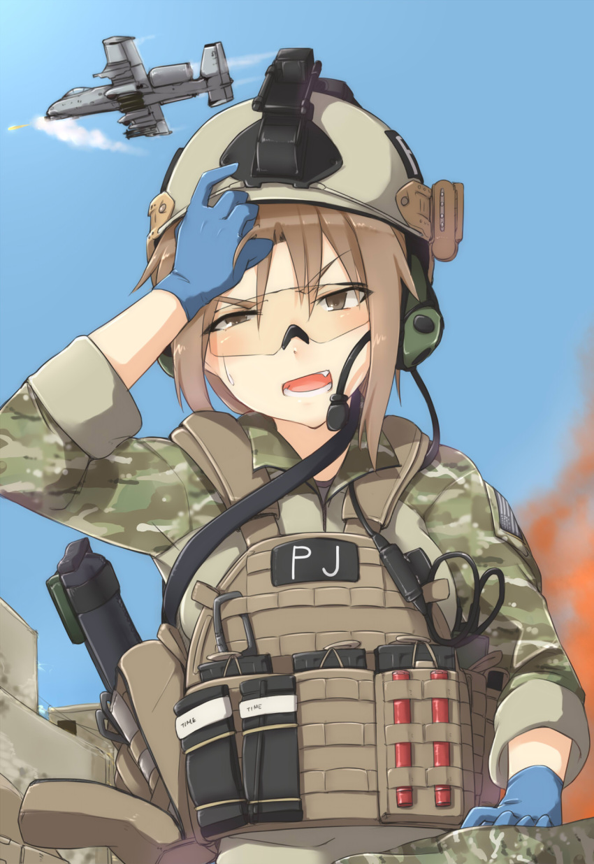 1girl, a-10, airplane, assault_rifle, ayyh, brown_eyes, brown_hair, building