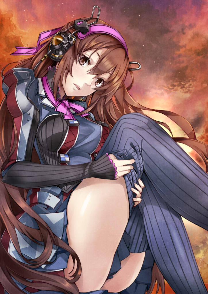 1girl, brown_eyes, brown_hair, duplicate, earphones, hair_ribbon, hairband, long_hair, looking_at_viewer, loretta_rembrandt, open_mouth, pokimari, ribbon, senjou_no_valkyria, sleeves_past_wrists, solo, thigh-highs, very_long_hair