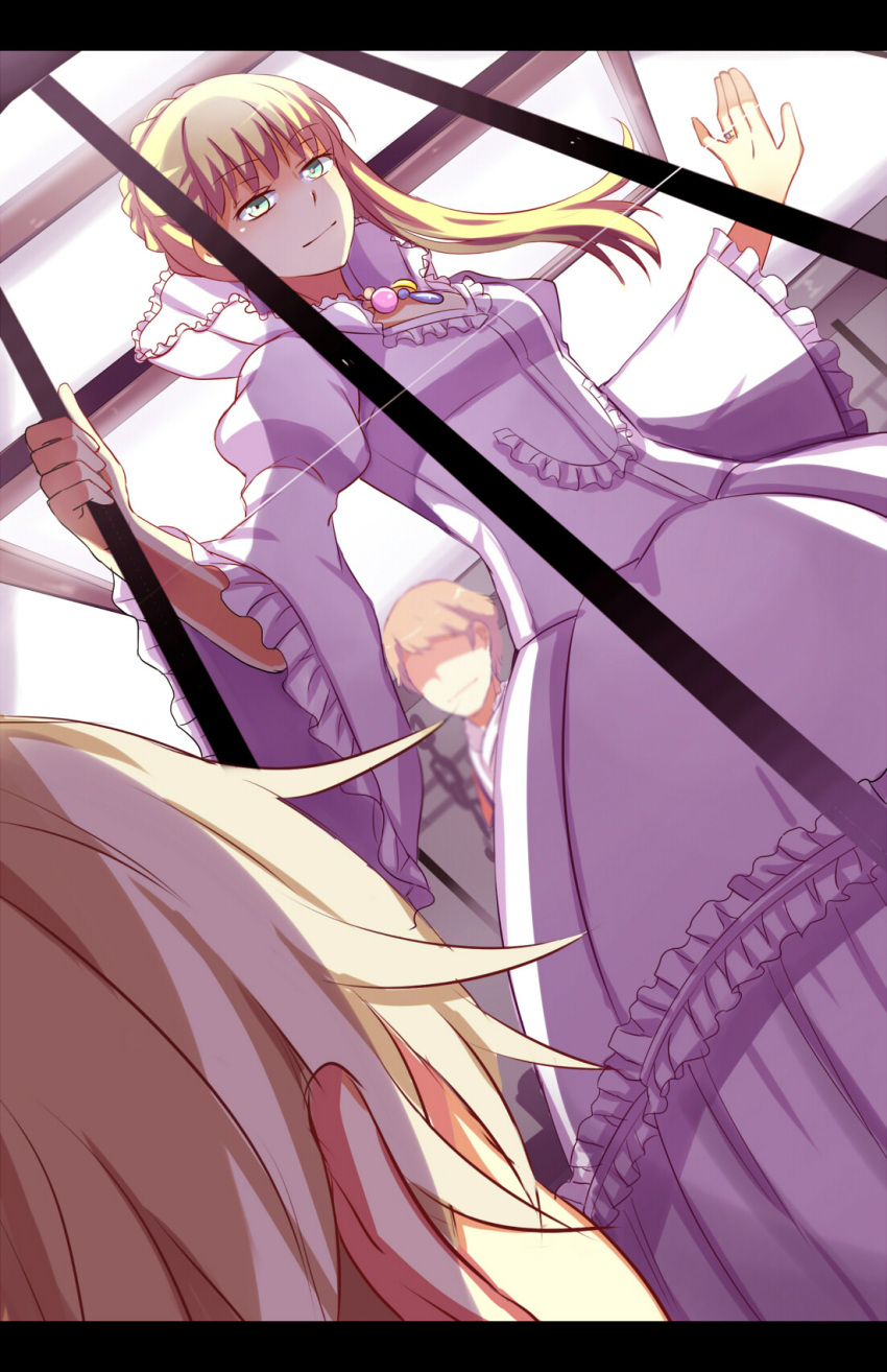 1girl, 2boys, aldnoah.zero, asseylum_vers_allusia, blonde_hair, blue_eyes, dress, fuchsia91
