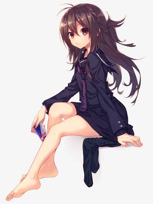 1girl, barefoot, braid, brown_eyes, brown_hair, can, energy_drink, feet