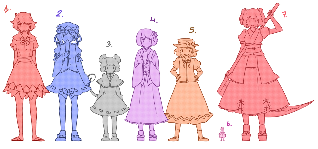 6+girls, :d, animal_ears, dress, hat, height_chart, height_difference, hieda_no_akyuu, horns, kijin_seija, long_sleeves, mouse_ears, mouse_tail, multiple_girls, nazrin, nekolina, onozuka_komachi, open_mouth, puffy_short_sleeves, puffy_sleeves, rod_of_remorse, scythe, shiki_eiki, short_sleeves, smile, sukuna_shinmyoumaru, tail, touhou, touhou_(pc-98), yuki_(touhou), |_|