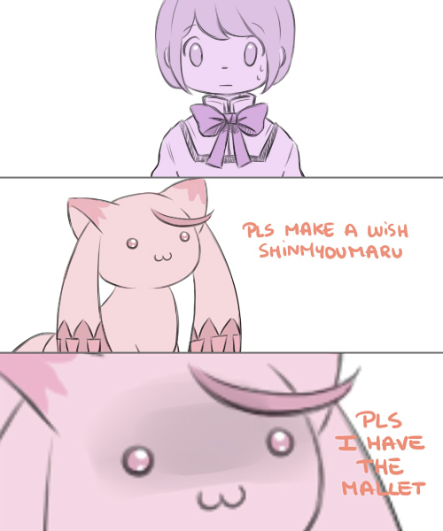 1girl, :3, close-up, kijin_seija, kyubey, mahou_shoujo_madoka_magica, make_a_contract, nekolina
