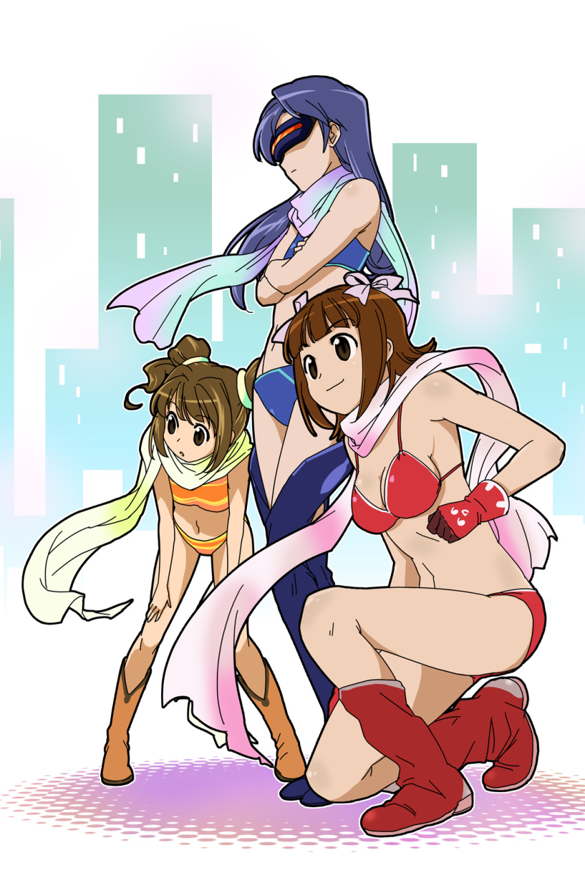 bikini, blue_hair, boots, brown_eyes, brown_hair, gloves, head_mounted_display, highres