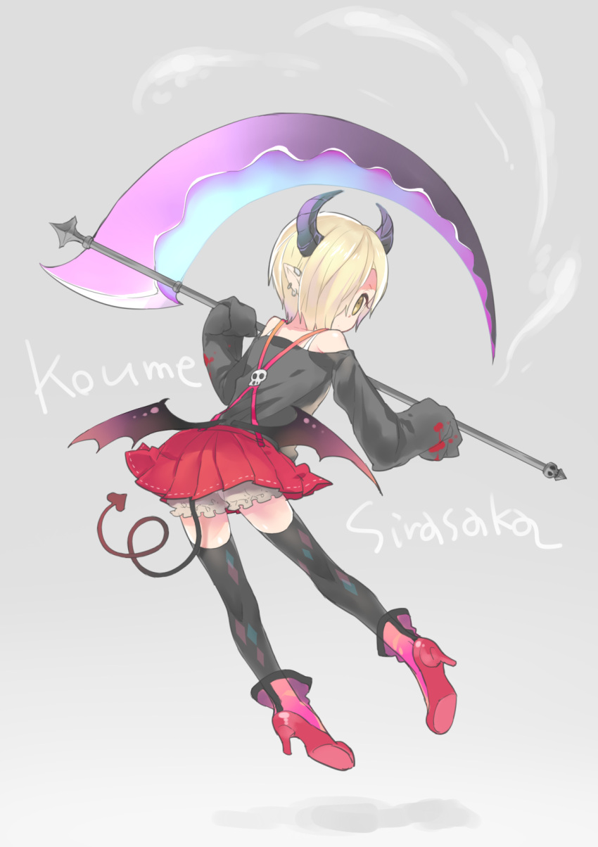 1girl, bare_shoulders, bat_wings, black_legwear, blonde_hair, brown_eyes, demon_tail, devil_horns, earrings, from_behind, hair_over_one_eye, highres, horns, idolmaster, idolmaster_cinderella_girls, jewelry, kazamine_mayuki, looking_at_viewer, looking_back, pointy_ears, scythe, shirasaka_koume, short_hair, skirt, sleeves_past_wrists, solo, tail, thigh-highs, wings