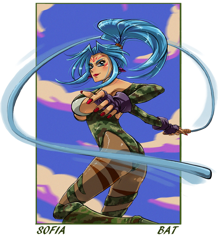 1girl, alternate_color, arwencilla, blue_eyes, blue_hair, boots, breasts, character_name