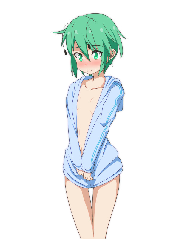 1girl, androgynous, antennae, blush, cato_(monocatienus), collarbone, flat_chest, frown, green_eyes, green_hair, hoodie, midriff, naked_hoodie, navel, nose_blush, open_clothes, open_hoodie, petite, shirt_tug, shy, solo, thigh_gap, touhou, tsurime, v_arms, wavy_mouth, wriggle_nightbug