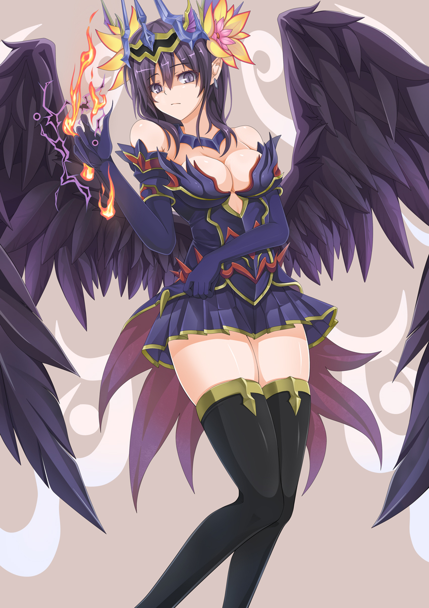 1girl, bare_shoulders, black_hair, breasts, cleavage, fire, flower, hair_flower, hair_ornament, highres, jewelry, long_hair, persephone_(p&amp;d), pointy_ears, puzzle_&amp;_dragons, solo, thigh-highs, tiara, violet_eyes, wings, yoshioka