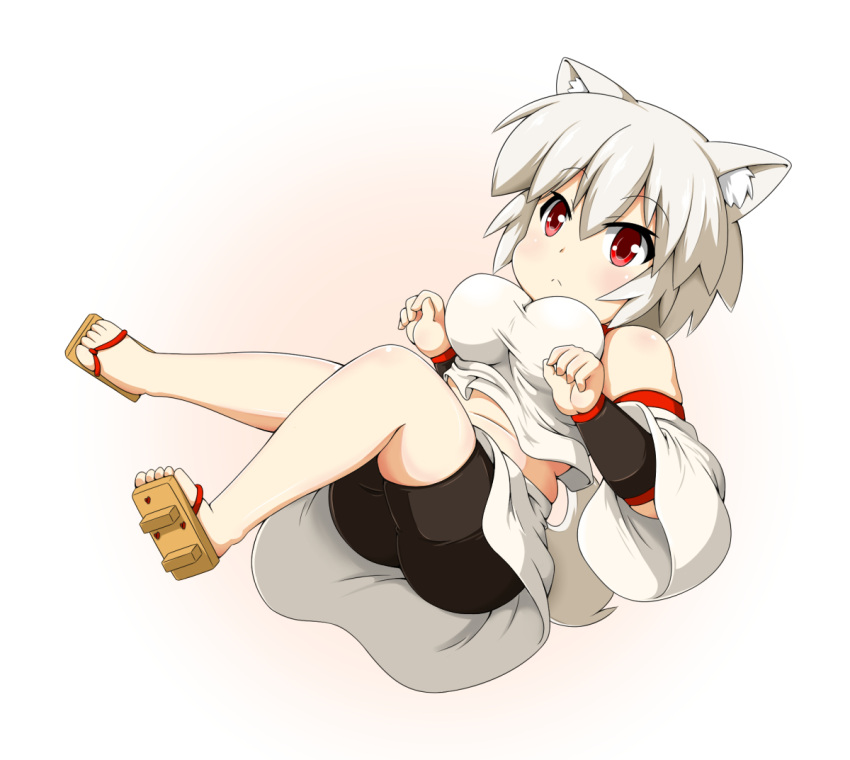 1girl, :<, animal_ears, ass, bare_shoulders, barefoot_sandals, belly, bike_shorts